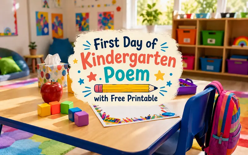 Colorful kindergarten classroom with decorative text reading First Day of Kindergarten Poem with Free Printable