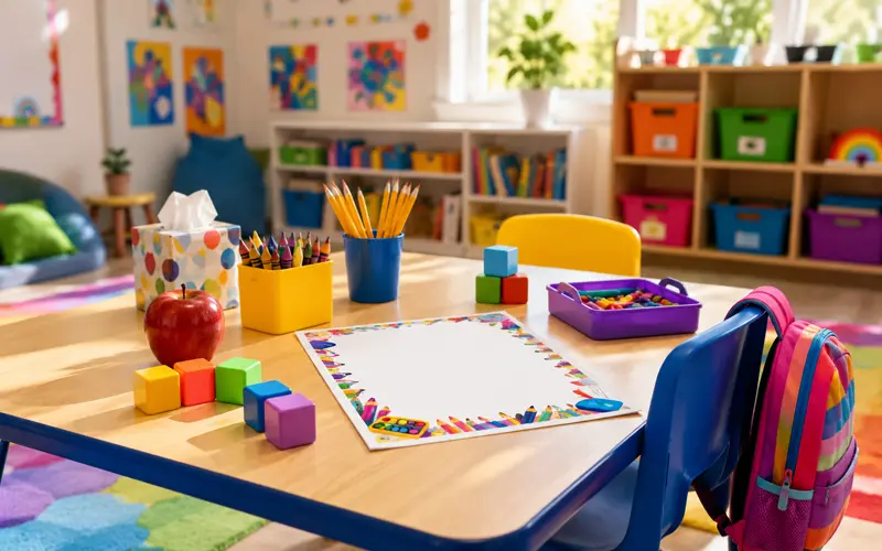Colorful kindergarten classroom table with crayons, pencils, tissues, an apple, backpack, and decorative poem paper