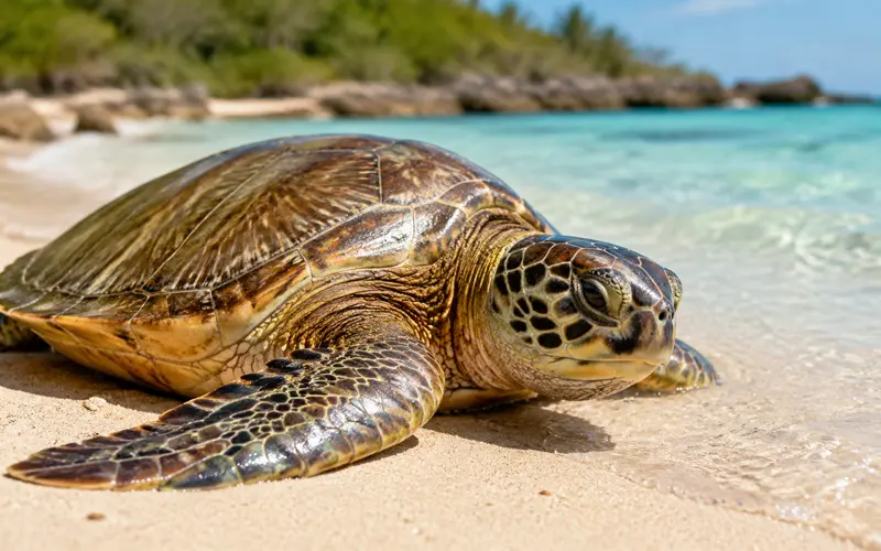 Green sea turtle resting beside shallow turquoise Caribbean water.