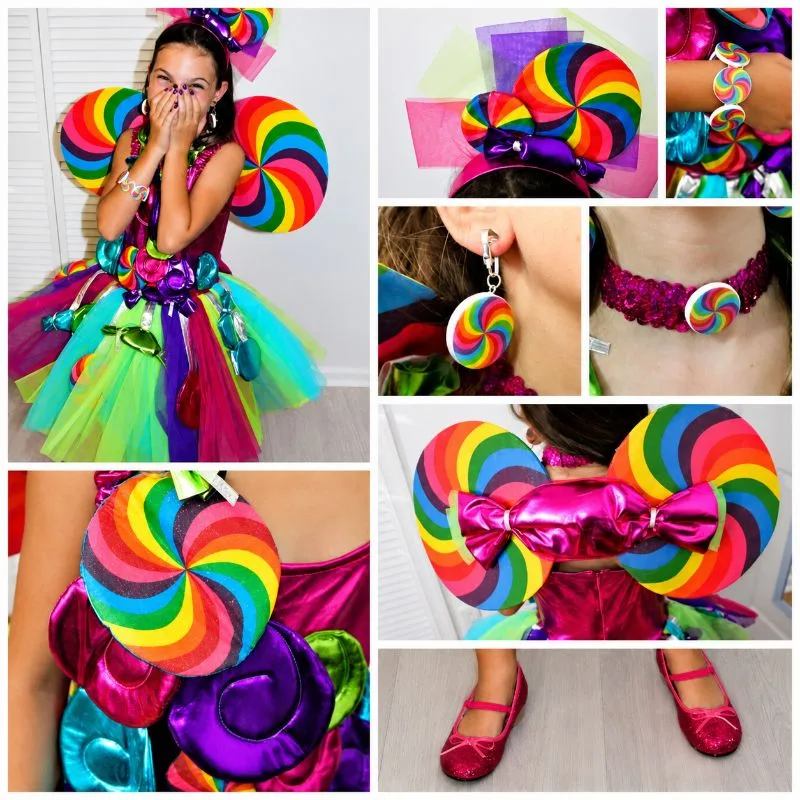 Collage showing Candy Fairy costume accessories, including the rainbow headband, bracelet, earrings, necklace, wings, candy details, and pink shoes.