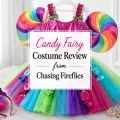 Colorful Candy Fairy costume displayed with rainbow lollipop wings, a bright layered skirt, matching accessories, and the article title centered over the image.
