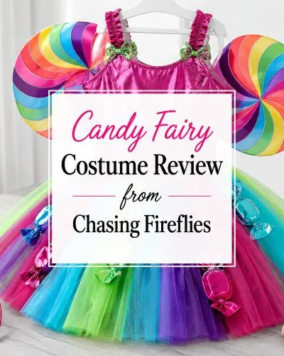 Colorful Candy Fairy costume displayed with rainbow lollipop wings, a bright layered skirt, matching accessories, and the article title centered over the image.