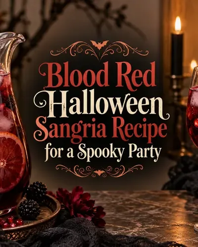 Blood red sangria displayed beside decorative Halloween recipe title