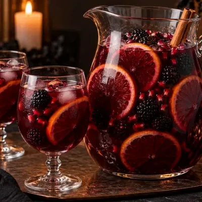 Blood red Halloween sangria with citrus and dark berries in a glass pitcher