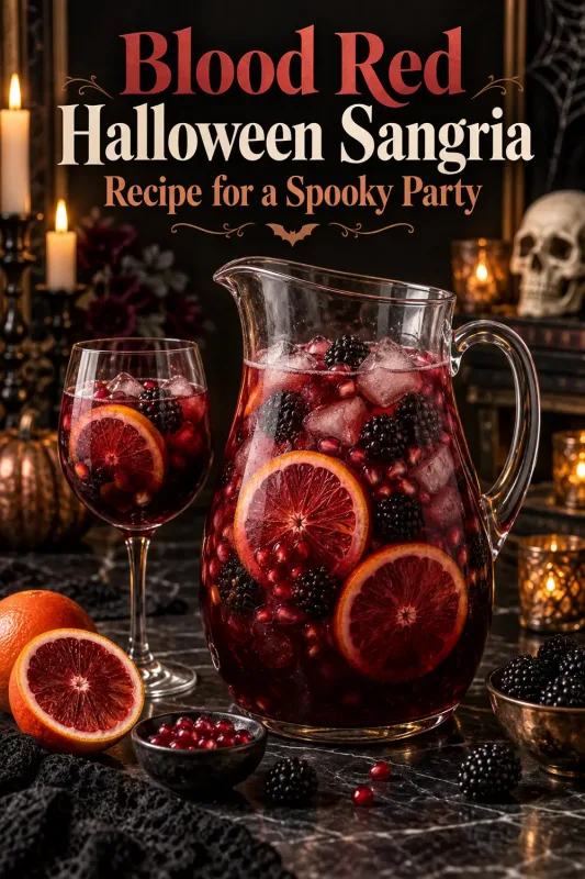 Blood red Halloween sangria recipe served in a festive party setting