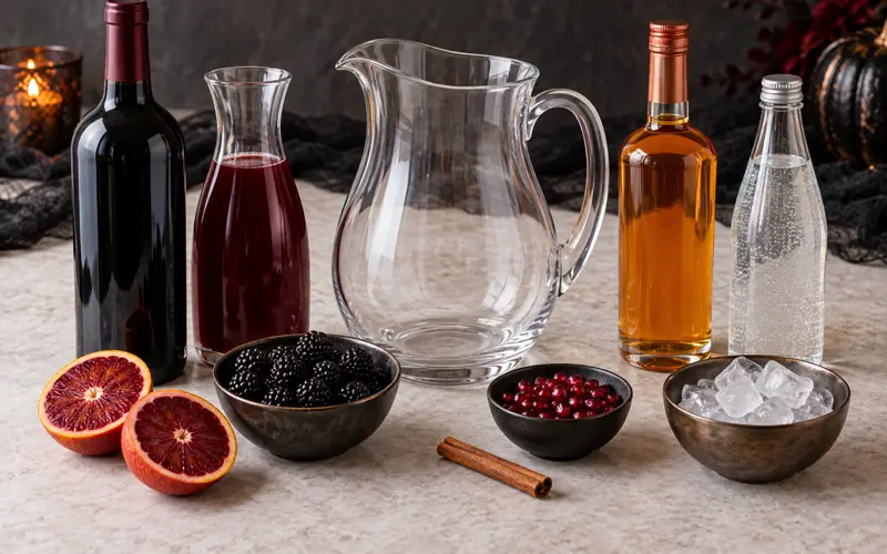 Blood oranges, blackberries, pomegranate seeds, and sangria ingredients ready for mixing
