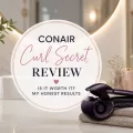 Elegant bathroom-themed featured image for a Conair Curl Secret review with a curling tool on a marble vanity, soft beauty decor, and stylish text overlay reading “Curl Secret Review.”