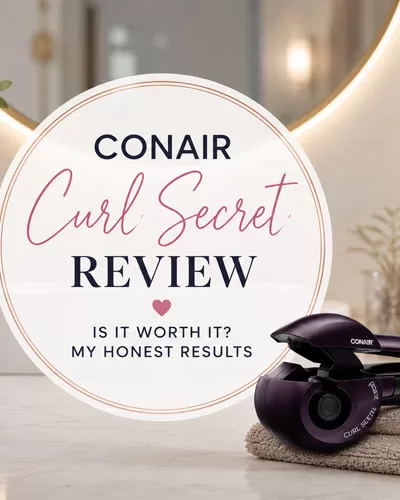 Elegant bathroom-themed featured image for a Conair Curl Secret review with a curling tool on a marble vanity, soft beauty decor, and stylish text overlay reading “Curl Secret Review.”