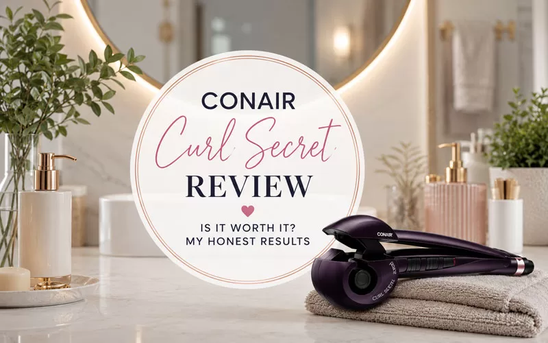 Elegant bathroom-themed featured image for a Conair Curl Secret review with a curling tool on a marble vanity, soft beauty decor, and stylish text overlay reading “Curl Secret Review.”