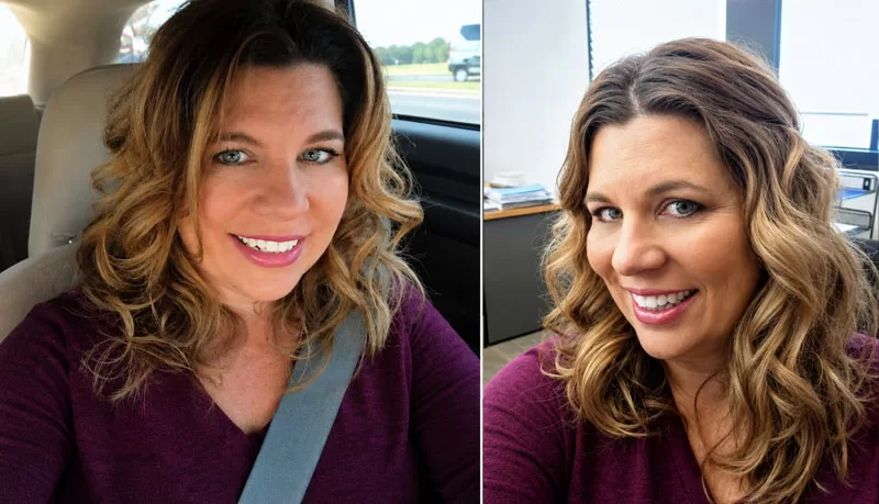 Side-by-side collage showing two selfies with curled hairstyles created years apart using the Curl Secret styling tool, featuring soft blonde highlights and loose curls.