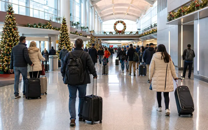 Travelers with luggage moving through a busy airport during the Thanksgiving and Christmas season.