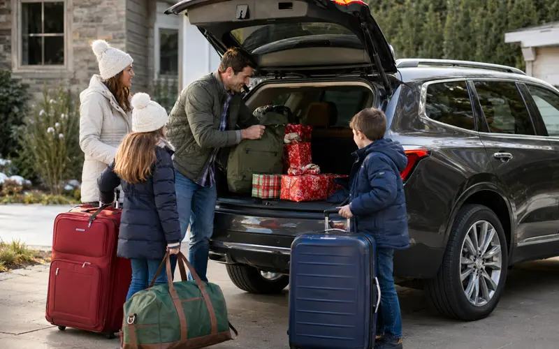 Family loading luggage and holiday gifts into a vehicle for a Thanksgiving or Christmas road trip.