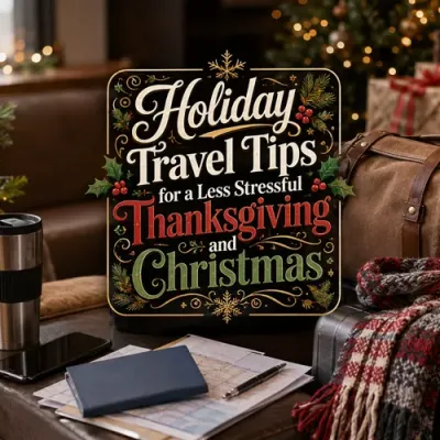 Holiday luggage and travel essentials representing less stressful Thanksgiving and Christmas travel.