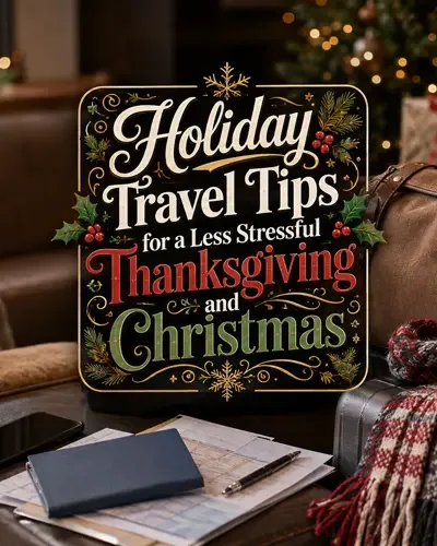 Holiday luggage and travel essentials representing less stressful Thanksgiving and Christmas travel.