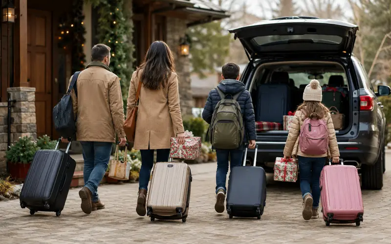 Family leaving with luggage and gifts for Thanksgiving or Christmas holiday travel.