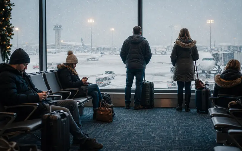 Holiday travelers waiting with luggage as winter snow affects Thanksgiving and Christmas travel.