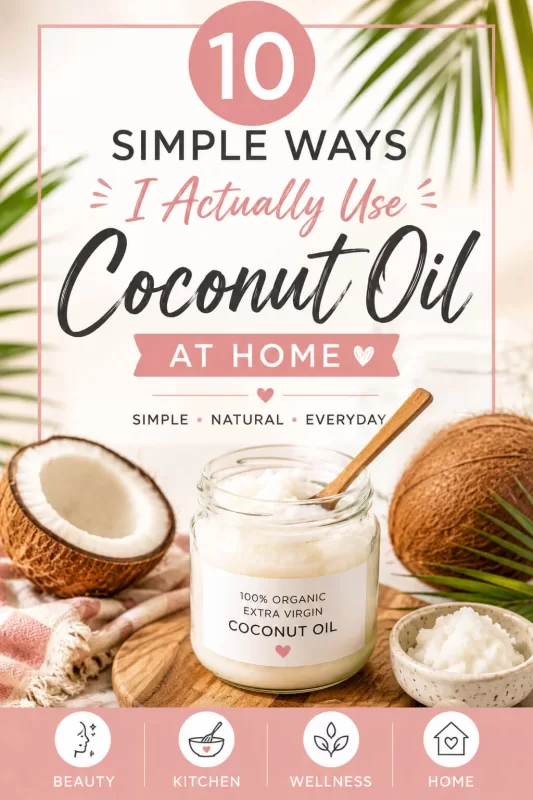 Pinterest-style graphic featuring coconut oil, fresh coconuts, and tropical styling with text about simple ways to use coconut oil at home