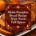 Moist pumpkin bread with the recipe title centered over an autumn baking scene
