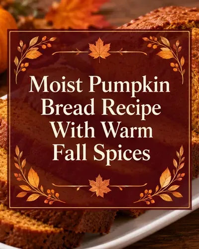 Moist pumpkin bread with the recipe title centered over an autumn baking scene