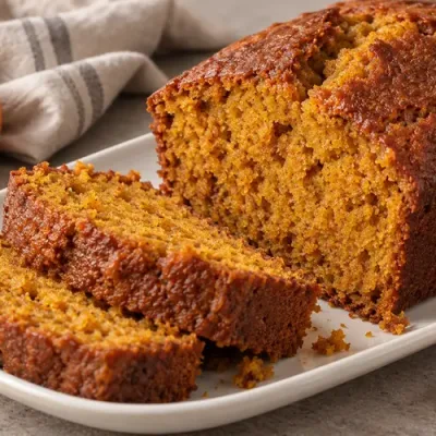 Sliced moist pumpkin bread loaf served on a white platter with warm fall spices