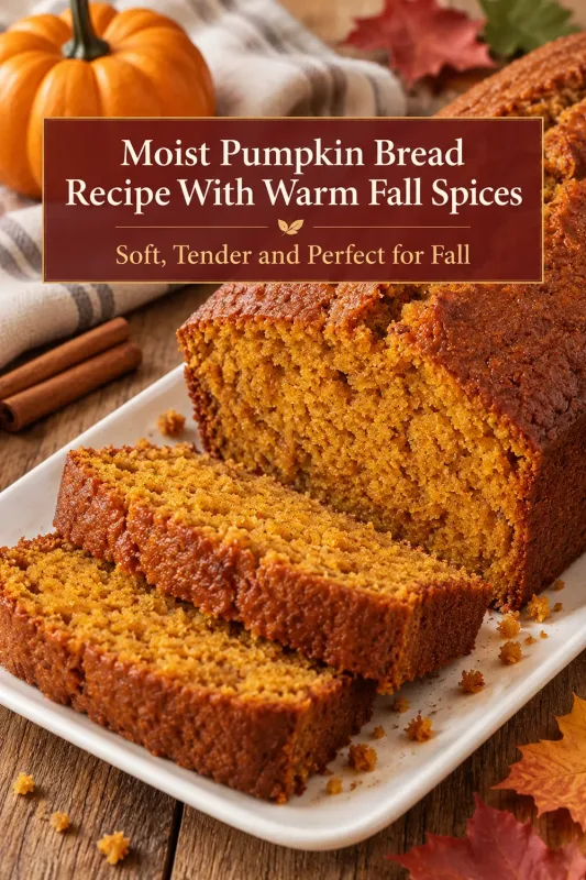 Moist pumpkin bread slices with warm fall spices and promotional recipe text