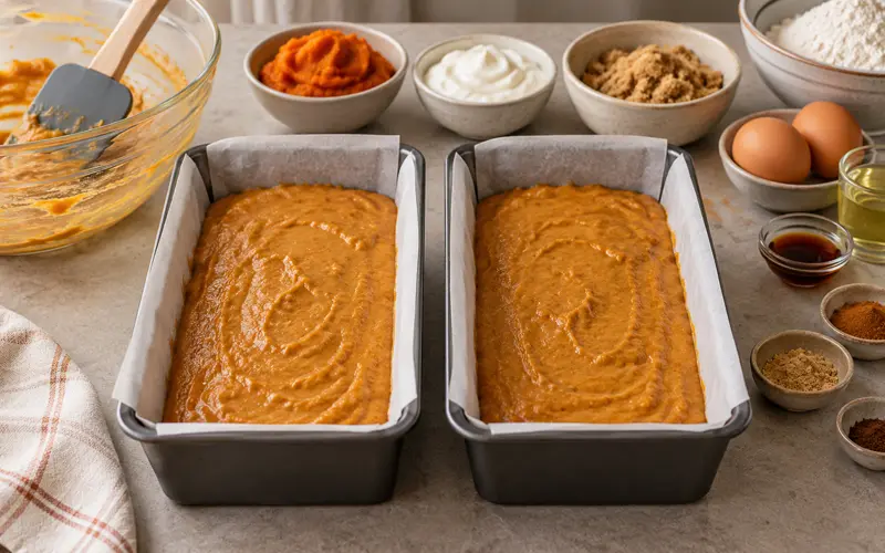 Pumpkin bread batter divided between two prepared loaf pans