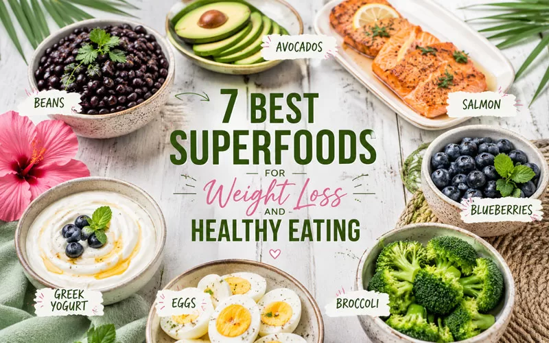 7 best superfoods for weight loss and healthy eating including beans, avocados, salmon, blueberries, broccoli, eggs, and Greek yogurt
