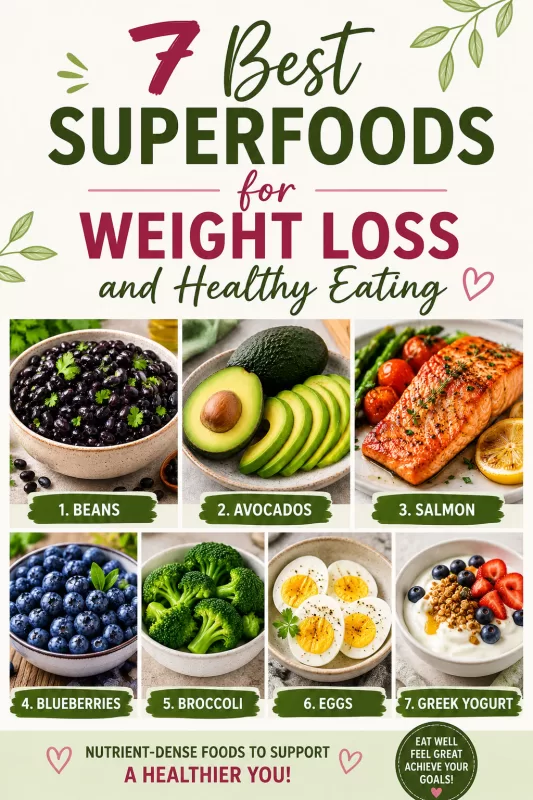 Infographic featuring 7 best superfoods for weight loss and healthy eating including beans, avocados, salmon, blueberries, broccoli, eggs, and Greek yogurt