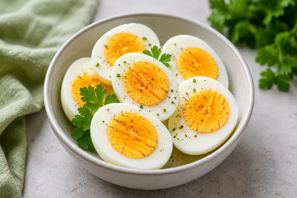 Hard boiled eggs in a bowl as a high-protein superfood for weight loss and healthy eating