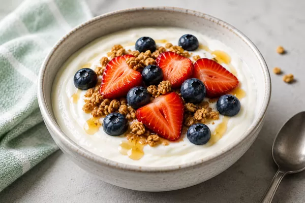 Greek yogurt topped with strawberries, blueberries, and granola as a healthy superfood for weight loss
