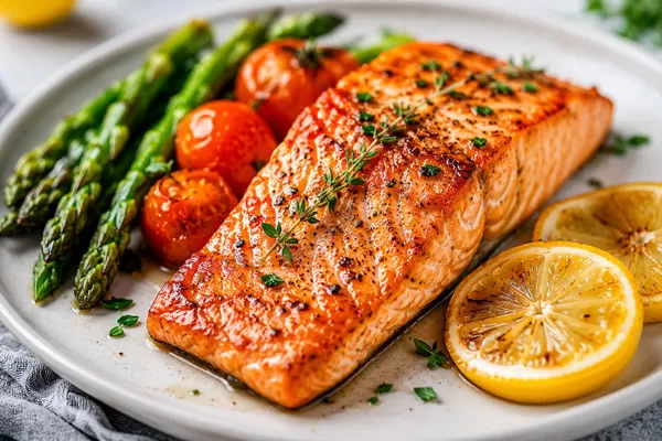 Grilled salmon fillet with asparagus, tomatoes, and lemon as a healthy superfood for weight loss and nutritious eating