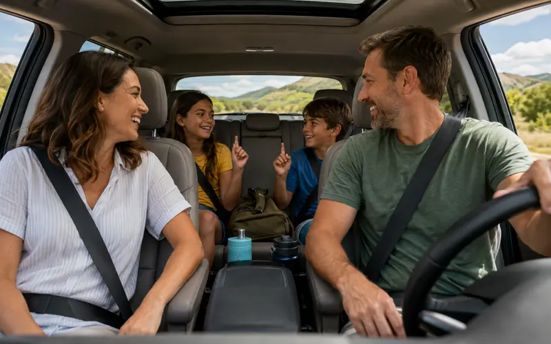 Family playing a game together during a road trip