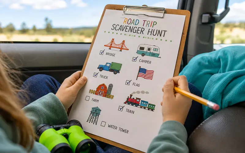 Child completing a road trip scavenger hunt checklist