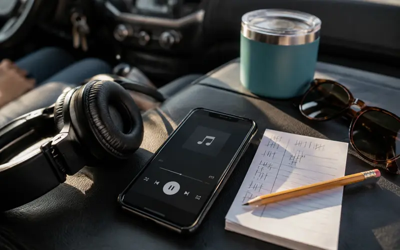 Road trip music game with headphones and score sheet