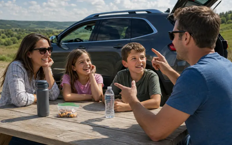 Family playing a guessing game during a road trip break