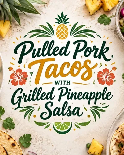 Pulled pork tacos with pineapple salsa beneath a centered decorative recipe title.