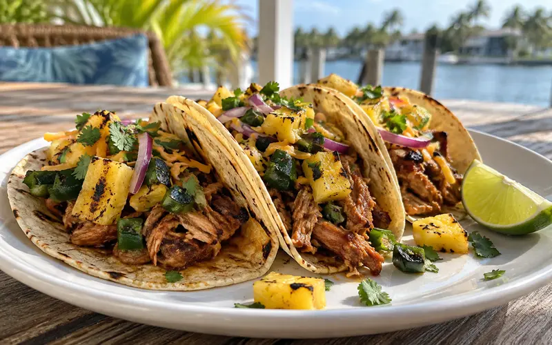 Pulled pork tacos topped with grilled pineapple salsa, red onion, cheddar cheese, and cilantro.