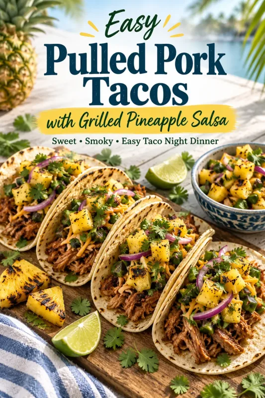 Pulled pork tacos with grilled pineapple salsa arranged with lime, peppers, and fresh taco toppings.