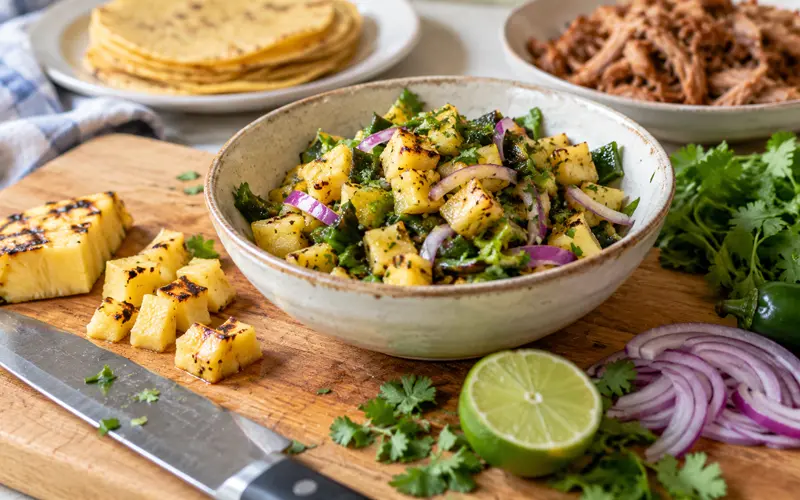 Bowl of grilled pineapple salsa on a cutting board with pulled pork, corn tortillas, lime, cilantro, and sliced red onion nearby.