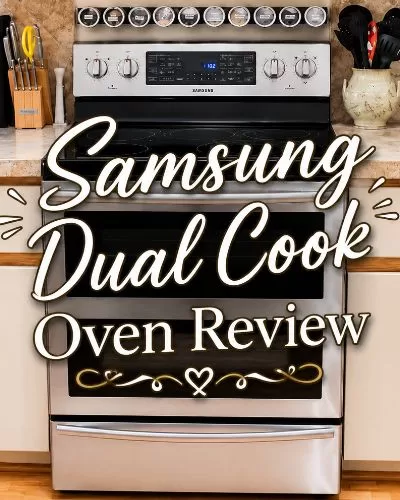Samsung Dual Cook oven review text over a stainless steel electric range in a kitchen
