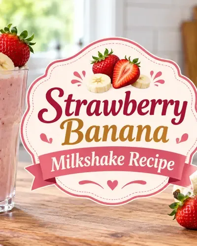 Strawberry banana milkshake with decorative Strawberry Banana Milkshake Recipe title graphic.
