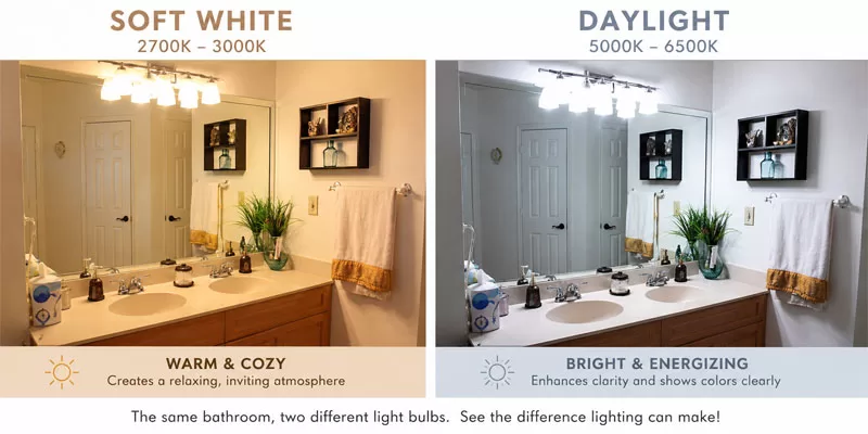 Side-by-side bathroom lighting comparison showing soft white bulbs versus daylight bulbs in the same bathroom vanity