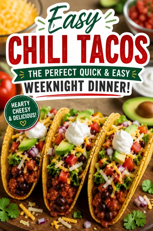 Pinterest graphic for easy chili tacos recipe featuring crunchy tacos loaded with chili, cheese, lettuce, tomatoes, avocado, and bold centered text overlay.