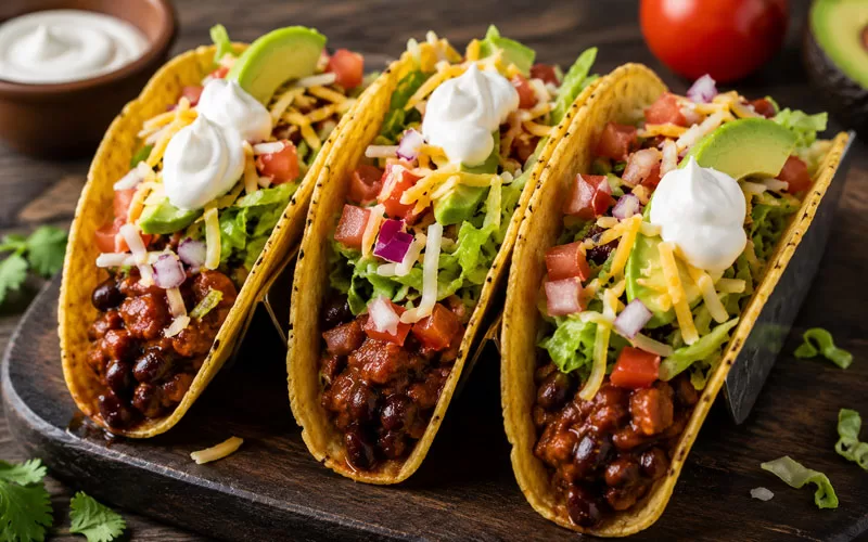 Three loaded chili tacos topped with lettuce, tomatoes, avocado, shredded cheese, red onion, and sour cream on a wooden serving tray.