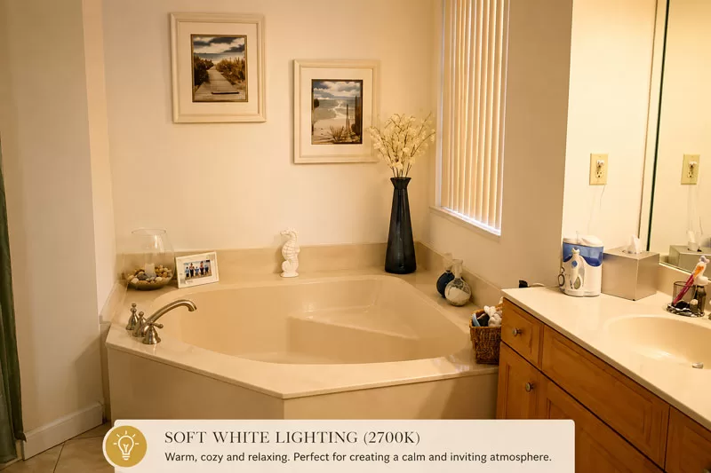 Bathroom with soft white lighting featuring a corner soaking tub and warm cozy atmosphere