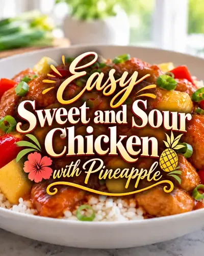 Easy sweet and sour chicken with pineapple served over rice with decorative recipe title text.