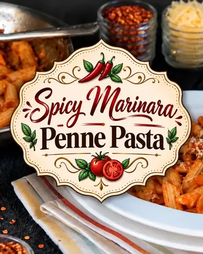 Spicy marinara penne pasta with Parmesan cheese, red pepper flakes, garlic, and a decorative recipe title graphic.