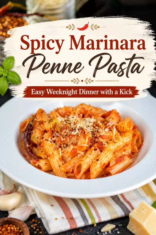Spicy marinara penne pasta with Parmesan cheese, red pepper flakes, garlic, and a promotional Pinterest graphic.