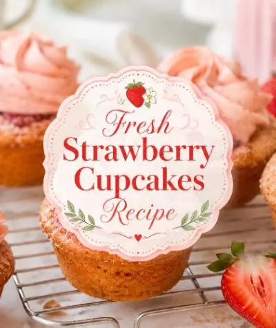 Fresh strawberry cupcakes with pink frosting and baked strawberry slices on a cooling rack