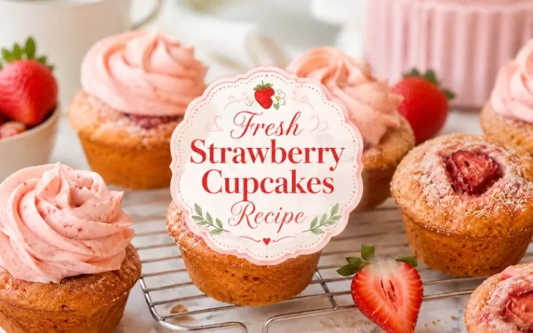 Fresh strawberry cupcakes with pink frosting and baked strawberry slices on a cooling rack